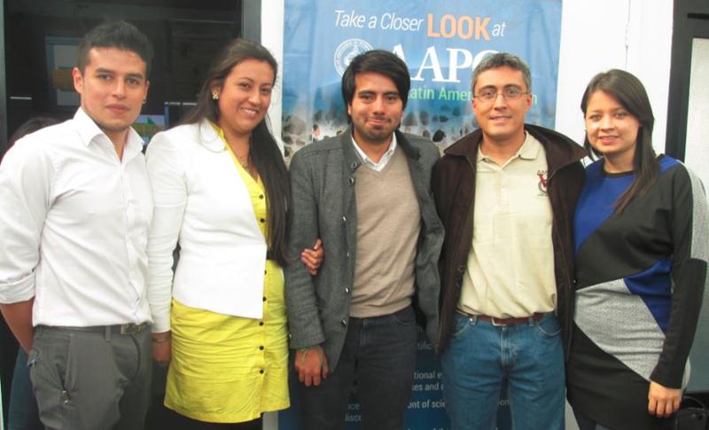 YP Colombia Chapter leadership team members with Visiting Geoscientist Juan Carlos Llinás (second from right.)  Chapter Leads (left two right) Miguel Sánchez, Logistics; Valeria Garcia, President; Gustavo Camelo, Logistics; and  Maria Fernanda Lozano, Secretary